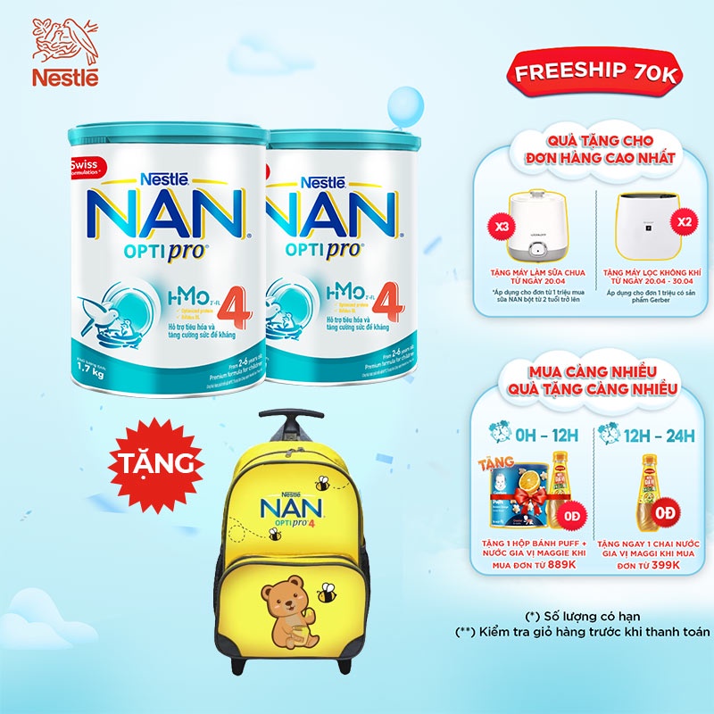 [FMCGMALL -8% đơn từ 250K] [Tặng 1 Vali Kéo Con Gấu] Combo 2 Lon Sữa Bột Nestle NAN Optipro 4 1,7kg/lon