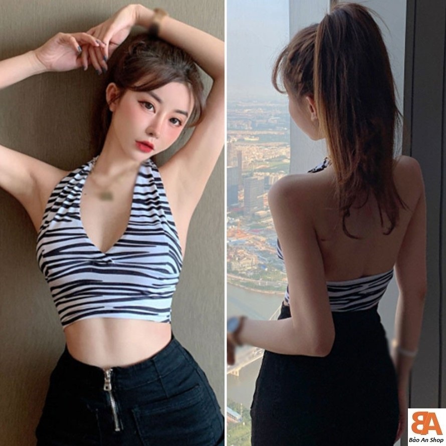 Áo croptop nữ kiểu hoạ tiết sọc vằn xẻ ngực chất vải thun FreeSize dưới 53kg