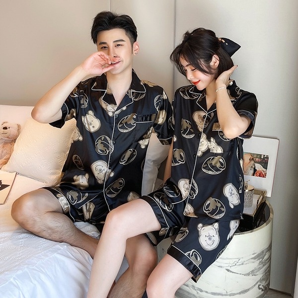 Bộ Đồ Ngủ Lụa Satin Tay Ngắn Plus Size M-5XL Phong Cách Hàn Quốc Dành Cho Nam Và Nữ