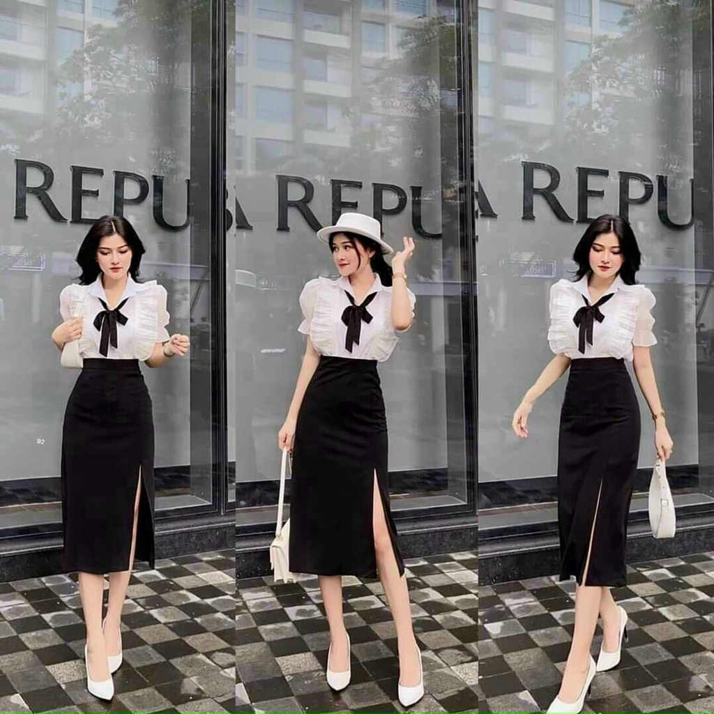 [Hot] Sét Áo Viền Bèo + chân Váy Chẻ Tà