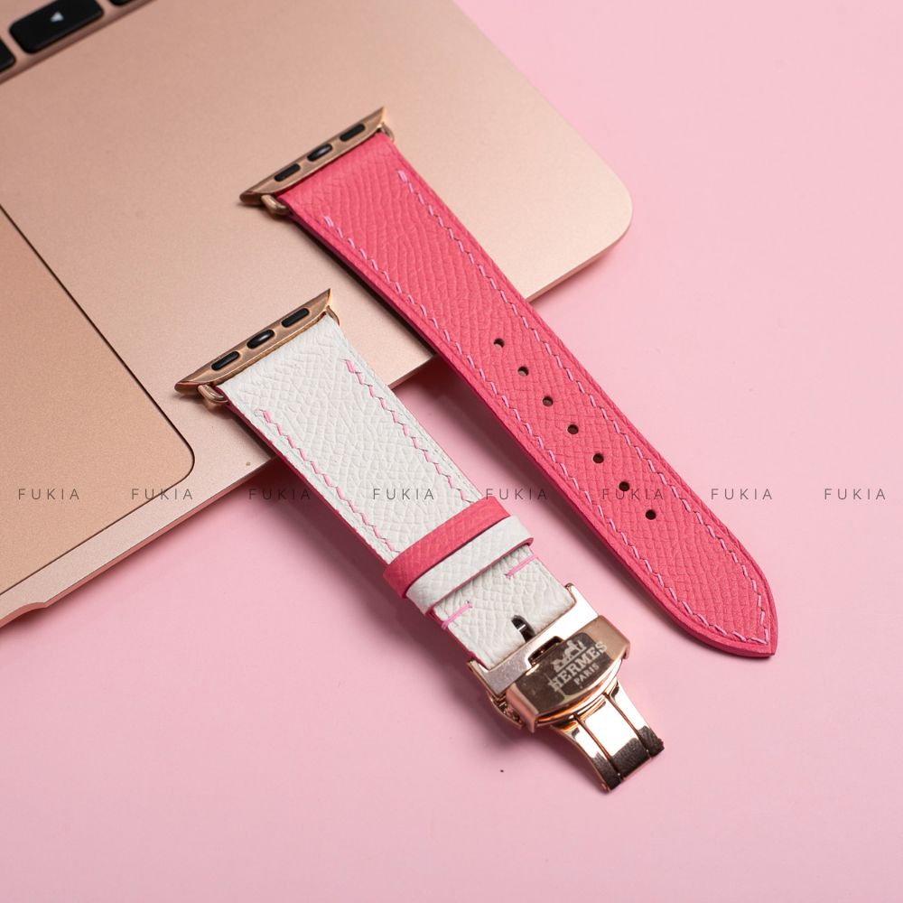 Dây da thủ công Epsom Trắng Mix Hồng Đậm dành cho Apple Watch đồng hồ thông minh Series 1/2/3/4/5/6/7/SE DDTC246