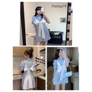 Set đầm sơ mi phối yếm nơ siêu xinh