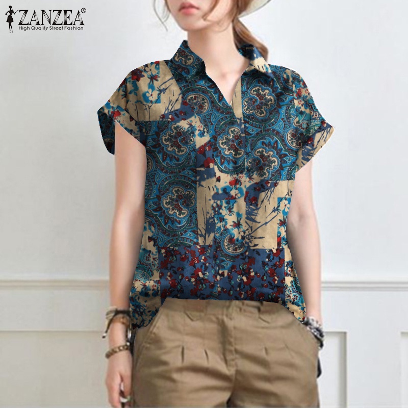 Áo sơ mi ZANZEA tay ngắn cổ bẻ in họa tiết vintage thời trang dành cho nữ