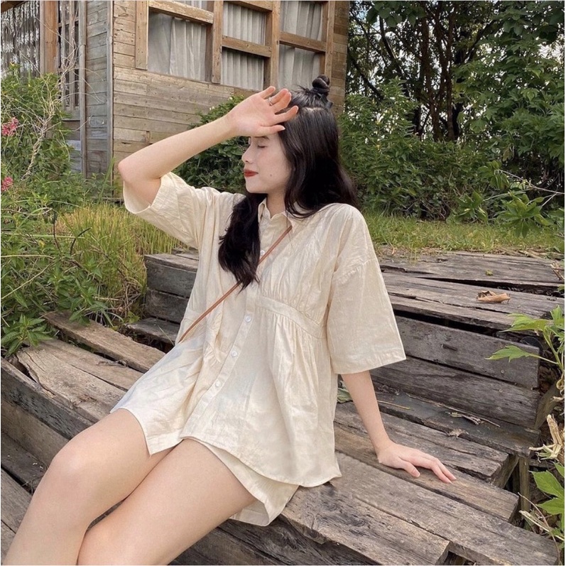 Áo sơ mi cộc tay vạt lệch nhún cách điệu ( Ảnh thật ) | BigBuy360 - bigbuy360.vn