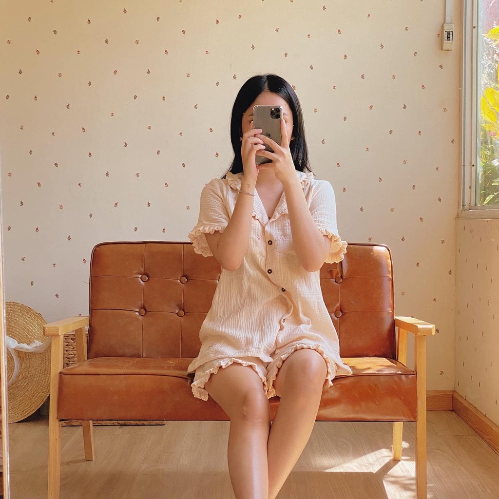 Set quần áo ngủ thiết kế xô muslin TIEMMAYKEOKEO bộ đồ freesize dễ thương bèo nhún phom rộng xinh xắn thời trang nữ