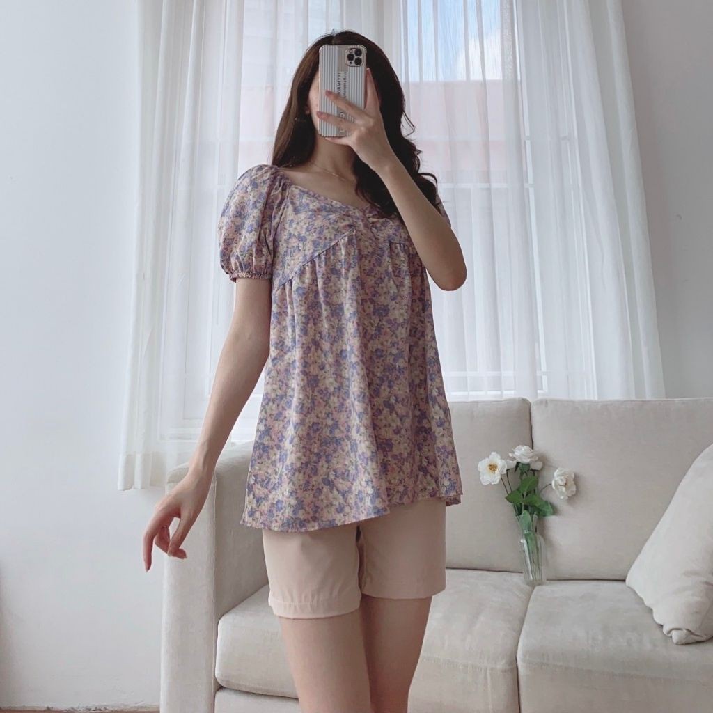 Bộ đồ bầu cộc tay M346 chất lụa hoa freesize từ 45 đến 70kg