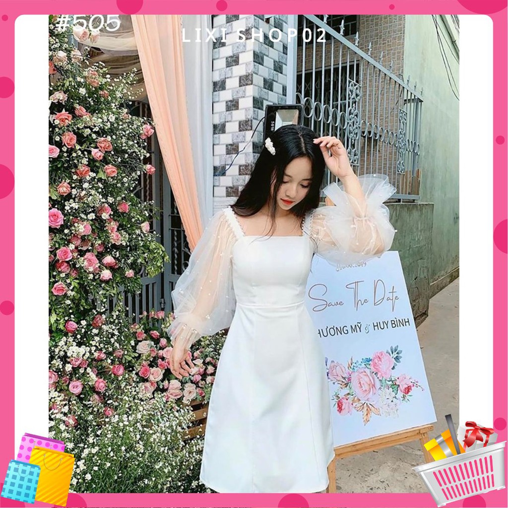 Váy nữ, Đầm dự tiệc trắng tay phồng kết hạt siêu xinh Vải loại 1