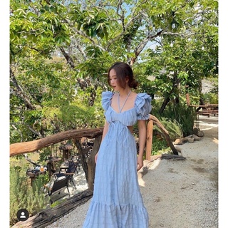 Đầm maxi cutout lưng viền bèo xanh CHIC HOLIC
