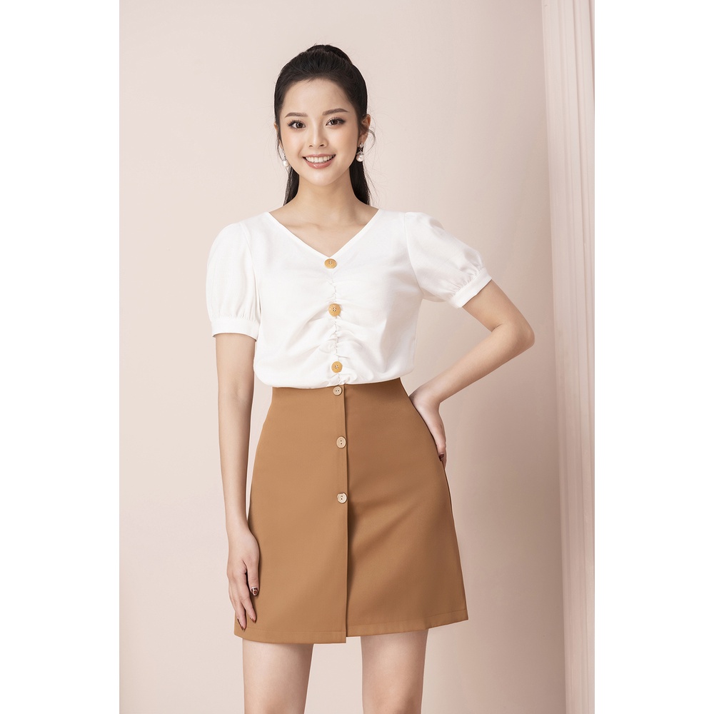 Chân Váy Mini Chữ A Đính Cúc Trước LUPERI Thiết Kế hai lớp lưng cao vải tuyết mưa LFCV5107