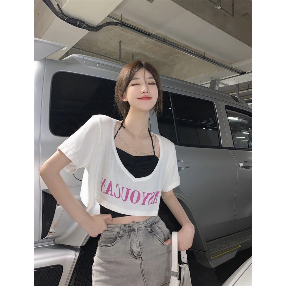 Bộ Áo Croptop Cộc Tay Kèm Áo Yếm In Chữ MSYOU Áo Thun Giấy 2 Màu