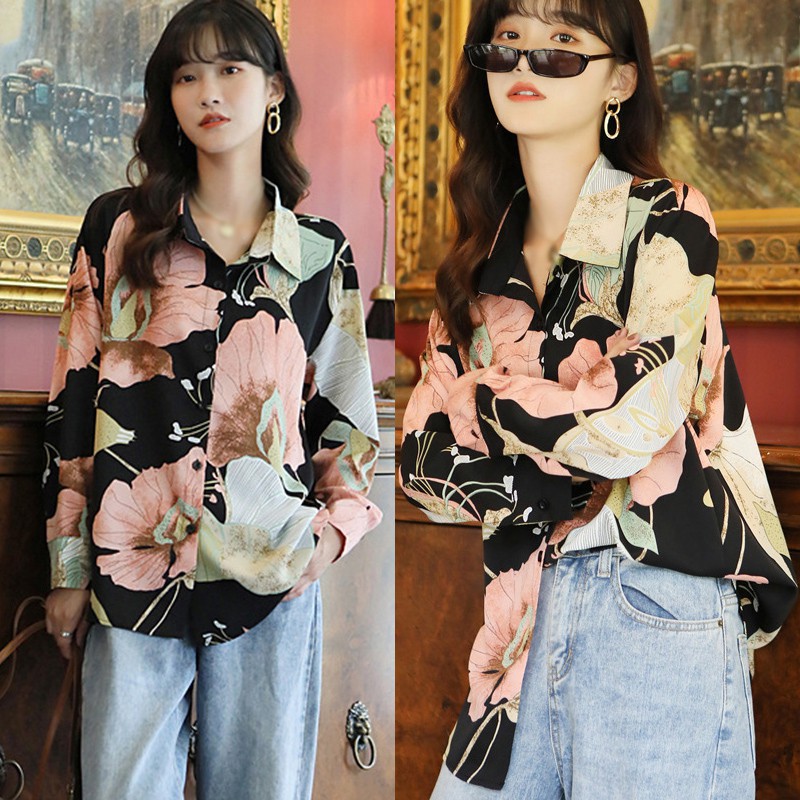Áo Sơ Mi Voan Tay Dài Dáng Rộng In Họa Tiết Hoa Thanh Lịch Phong Cách Retro Cho Nữ
