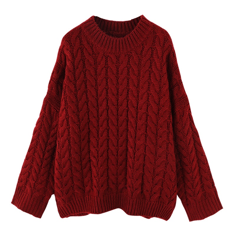 Sẵn-Áo len màu đỏ trơn dáng rộng cổ tròn thời trang phong cách retro cho nữ hàng quảng châu
