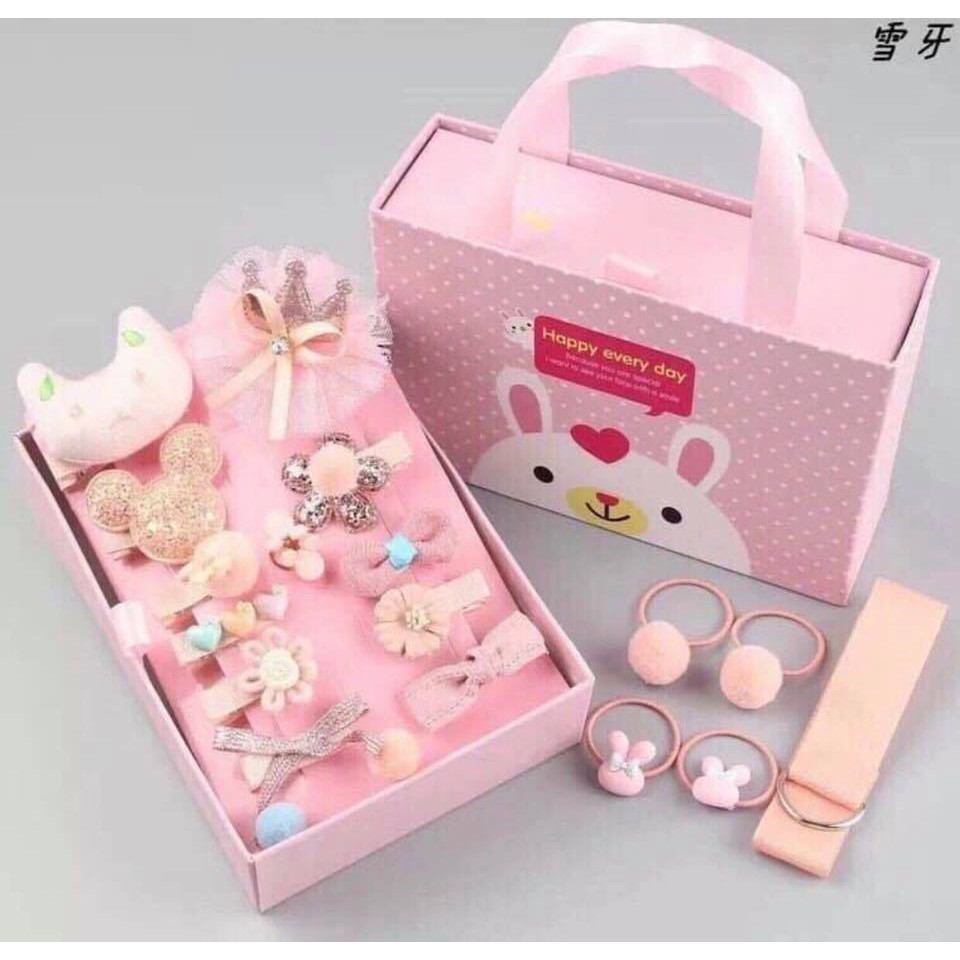 Hộp phụ kiện 18 món bé gái gồm kẹp tóc, gắp tóc đủ loại, nơ, vương miện...( Màu hồng )