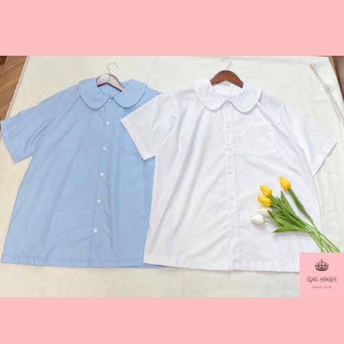 Áo Sơ Mi Cổ Sen Tay Lửng 2 Màu Trắng Xanh Edel Có Ảnh Thật E500