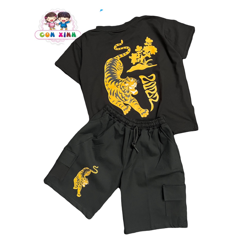 Bộ đồ bé trai CON XINH cotton quần kaki hình in Cọp vằn 2022, thời trang trẻ em thừ 4 đến 10 tuổi