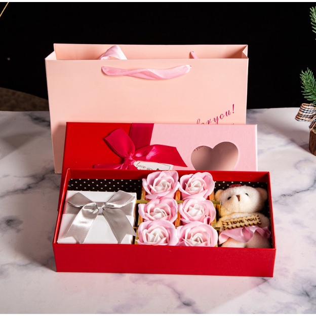 Hộp quà tặng sinh nhật kèm túi, hộp, gấu bông, hoa hồng, hộp quà mini bên trong để đựng quà tặng