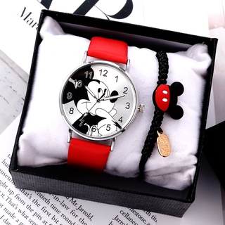 Bộ 2 Đồng Hồ Đeo Tay Dây Da Mặt Hình Chuột Mickey Dễ Thương Cho Nữ