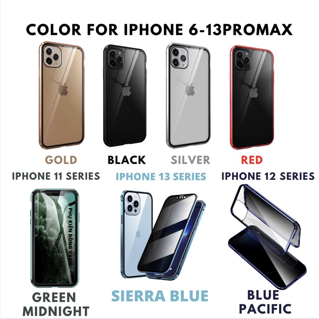 Ốp 2 Mặt Kính Cường Lực Chống Nhìn Trộm Từ Tính Nam Châm 2 Mặt Cho IPhone 6 - 13 Promax
