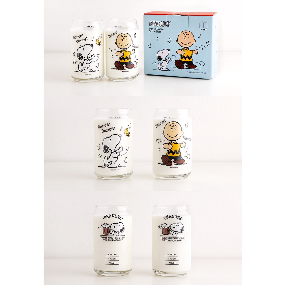 Set 2 cốc thủy tinh uống cà phê 330ml in hình chú chó Snoopy nhảy múa