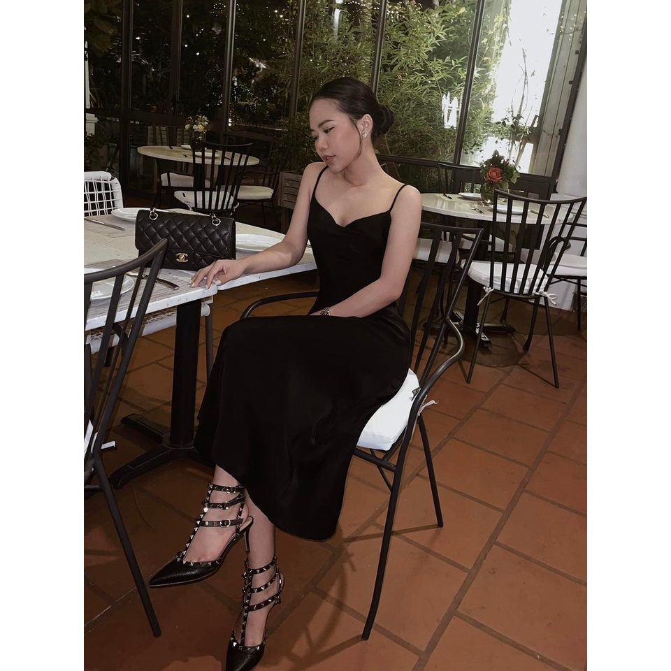 đầm dự tiệc 2 dây satin lụa - CarotShop