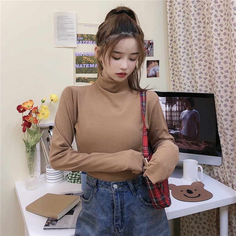 Áo thun tay dài cổ cao màu trơn kiểu dáng thời trang Hàn Quốc