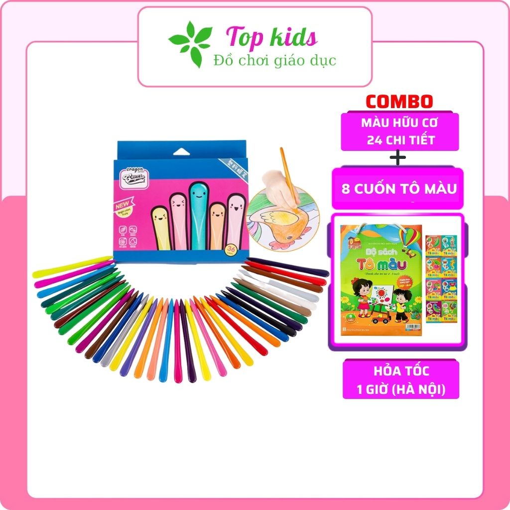 Bút màu sáp hữu cơ hộp gồm 24 màu thiết kế đáng yêu không lem tay dính bẩn an toàn cho bé TOPKIDS