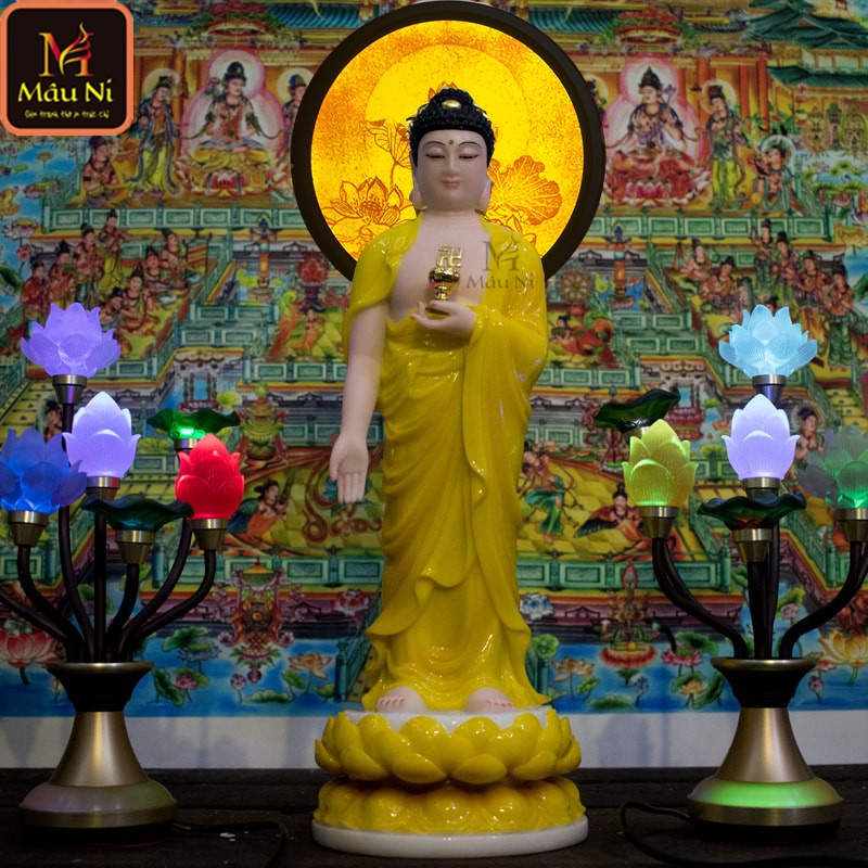 Đẹp - ĐÈN HOA SEN hào quang BÀN THỜ, đường kính 30cm, tranh in trúc chỉ MÂU NI  - cho bàn thờ đẹp