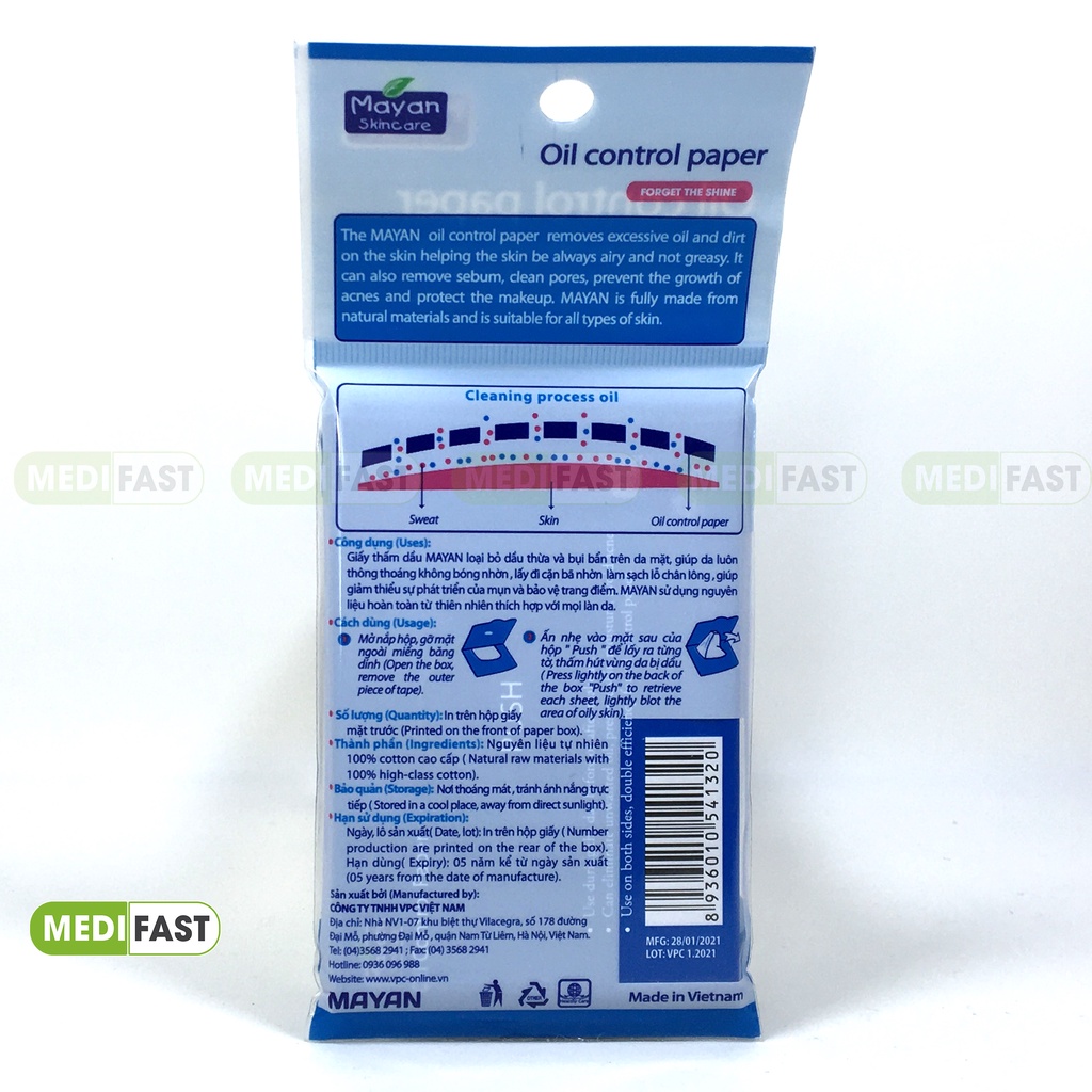 Giấy thấm dầu Mayan - Kiểm soát nhờn, ngăn ngừa mụn - Gói 100 tờ - Oil control paper từ Hàn Quốc