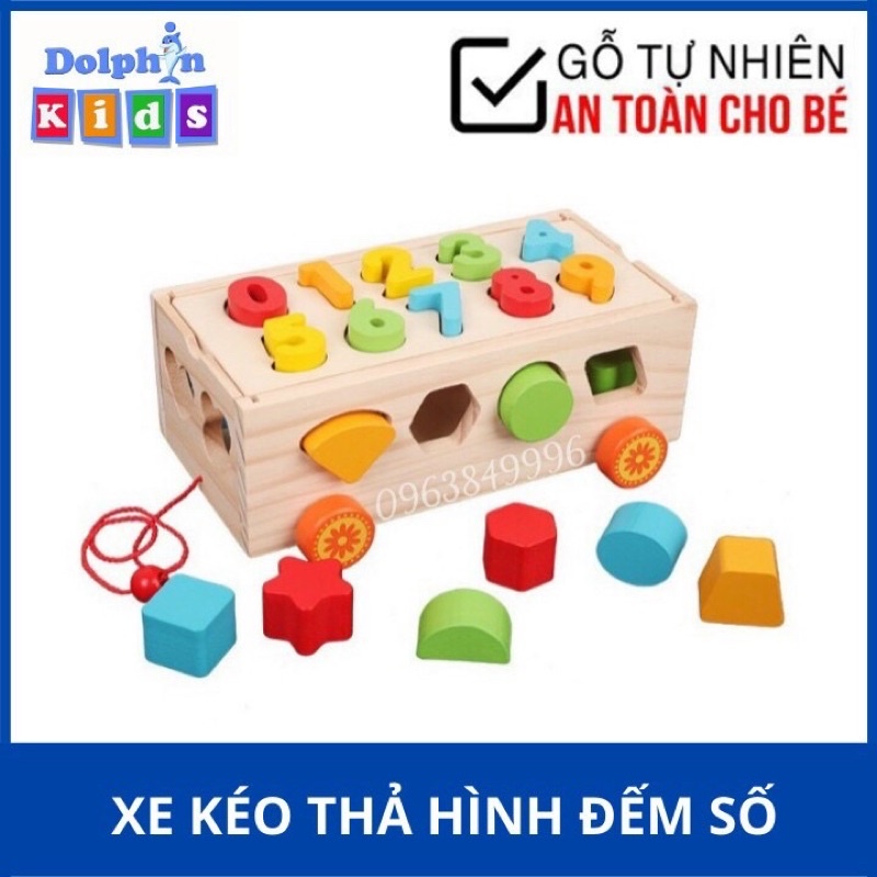 Hộp đồ chơi xe kéo thả hình khối và số đếm nhiều màu sắc, đồ chơi gỗ cho bé phát triển trí tuệ