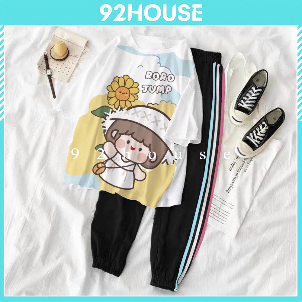 Đồ bộ/ Set bộ hoạt hình unisex bé gái hướng dương quần jogger ba sọc form rộng tay lỡ