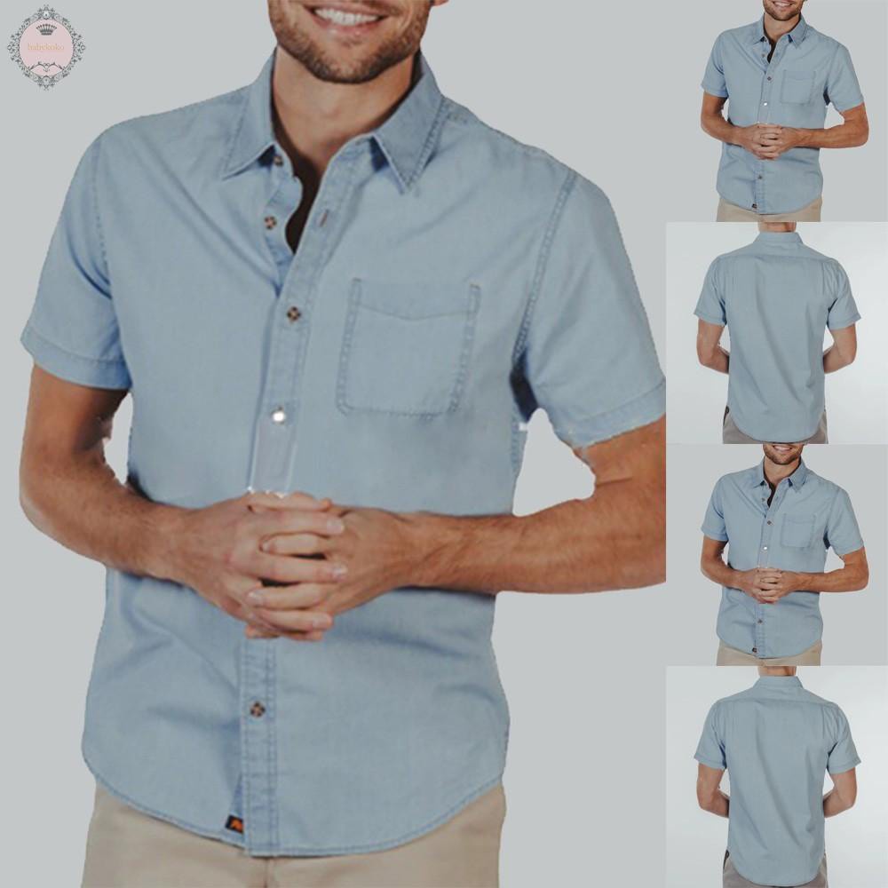 Short Sleeve Denim Men\'s Shirt Neck Shirt Shirts Short Sleeve Slim Tops Button