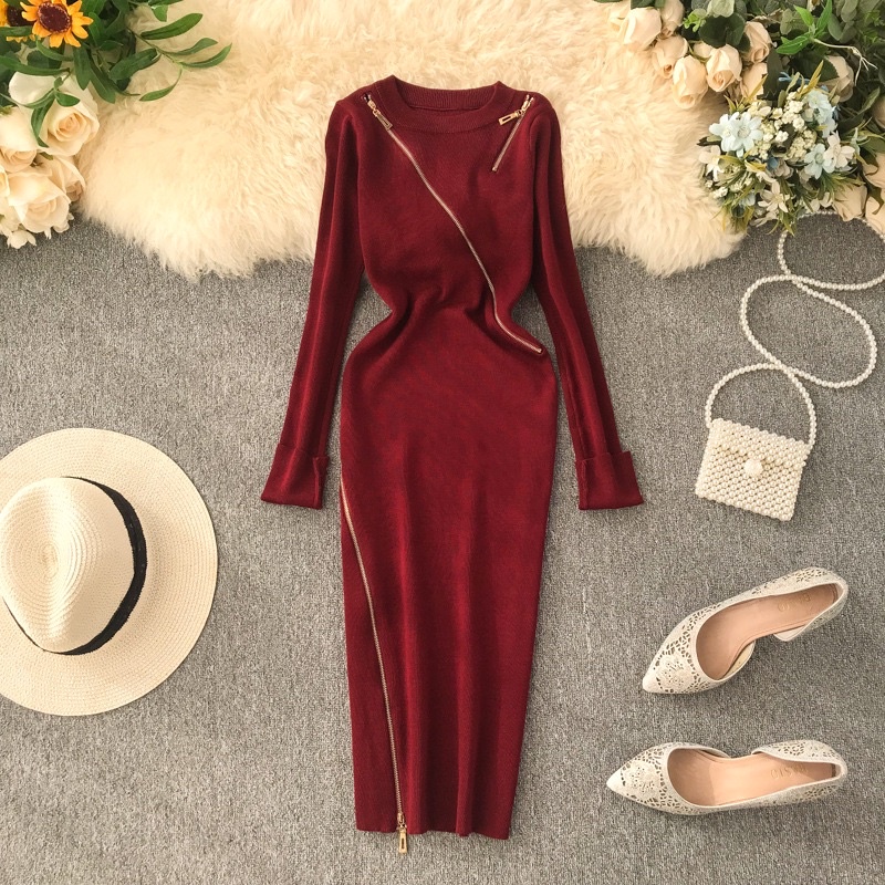 Đầm body thun gân phối dây kéo khoá