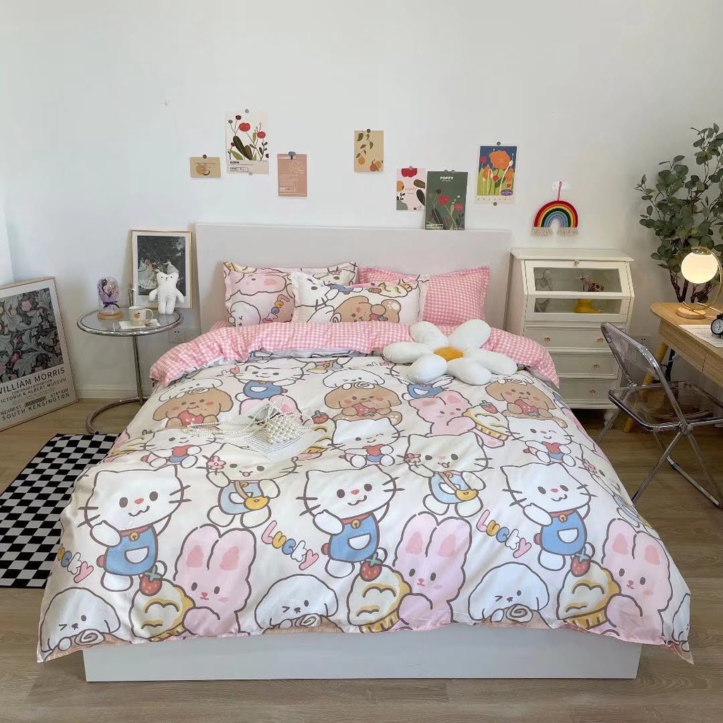 Set chăn ga cotton poly kitty hồng