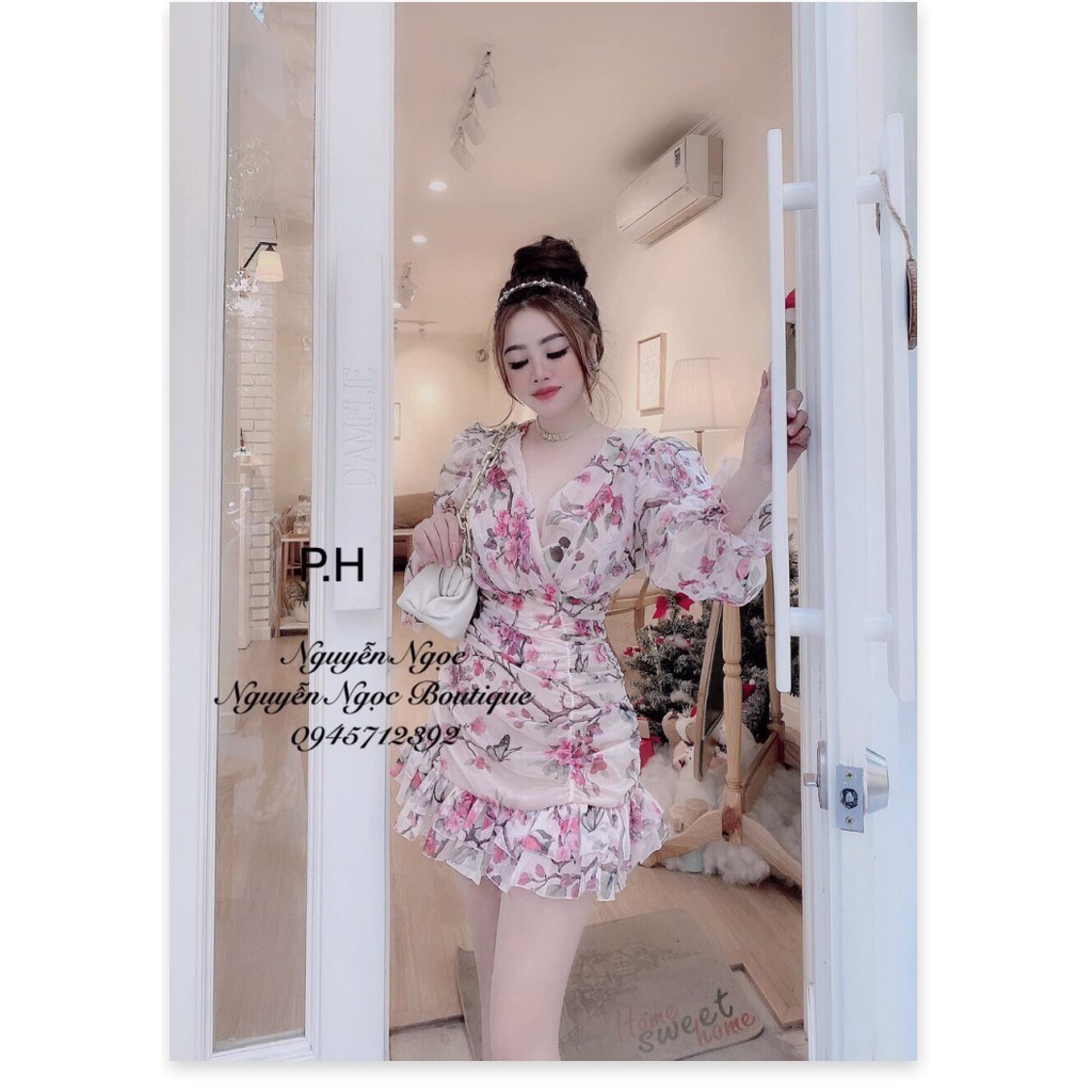 Đầm tiểu thư tay phồng, ngực đắp chéo chữ V, mặc đi chơi đi tiệc siêu sang chảnh, váy 2 lớp đầy đặn khôn