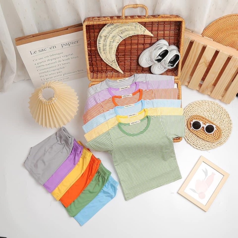Mimkymom_Thun lạnh Sài Gòn_Đồ bộ cộc ngắn tay cho bé sợi dệt sọc ngang màu sắc đáng yêu
