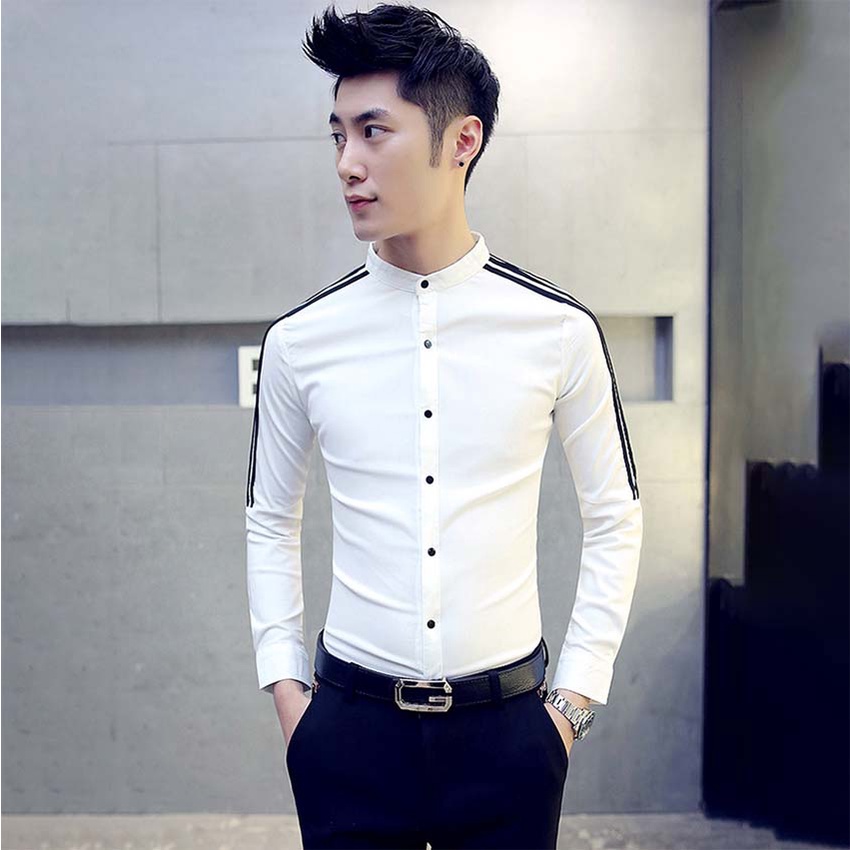 Áo sơ mi nam, Áo nam dài tay cổ trụ , phối sọc Tay áo, Dáng ôm Body trẻ trung, lịch lãm cho anh em mã H25 .