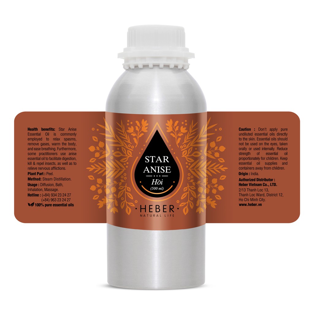 (Chai Lớn 500ml/1000ml)Tinh Dầu Hồi Star Anise Heber Natural Life, Cao Cấp Nhập Khẩu, Thiên Nhiên Nguyên Chất