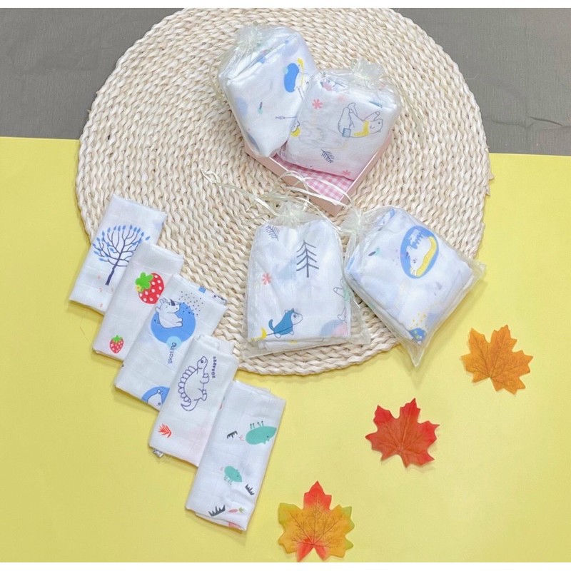 Set 10 chiếc khăn sữa sợi tre kèm túi lưới, đồ dùng cho bé