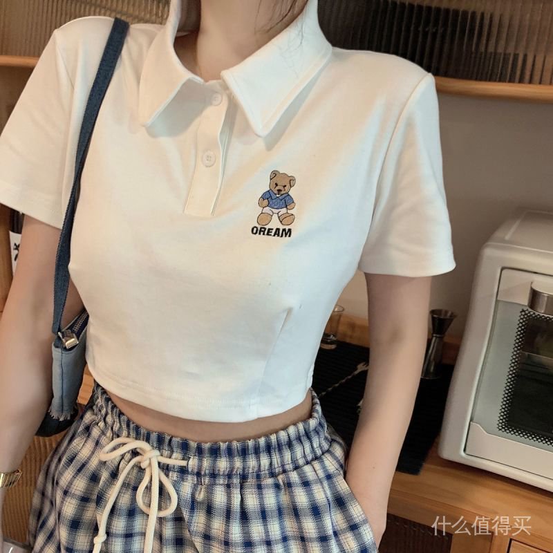 Women's 2021 spring and summer short sleeve bear t-shirts new wild thin white short high waist polo shirt | BigBuy360 - bigbuy360.vn