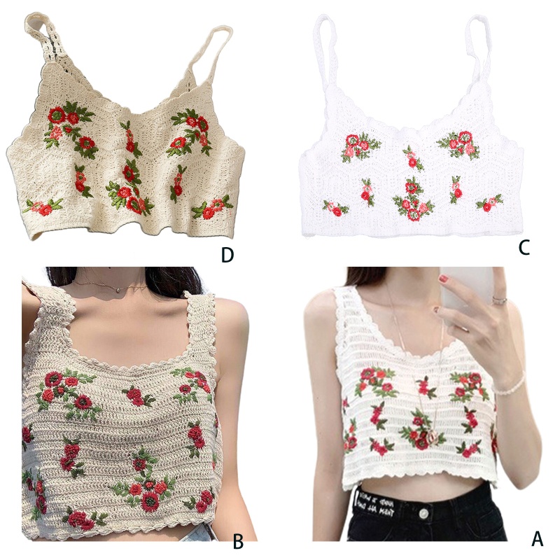 Áo Croptop Dệt Kim Không Tay Thêu Họa Tiết Hoa Lá Phong Cách Boho Thời Trang Mùa Hè Cho Nữ