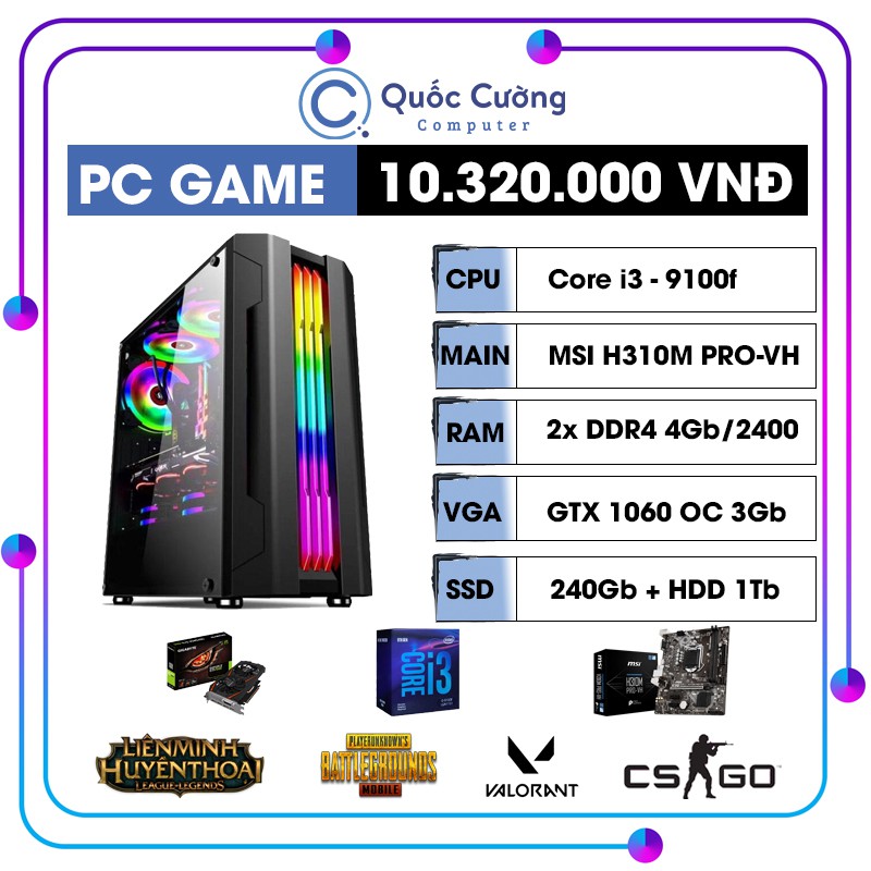 PC Gaming i3 9100f/GTX 1060 OC 3Gb/2xRAM 4Gb/SSD 240Gb