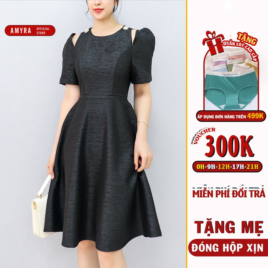 Đầm dự tiệc sang trọng trung niên dáng xòe xẻ vai AMYRA thiết kế cổ tròn form dáng chữ a che khuyết điểm vòng eo DA170