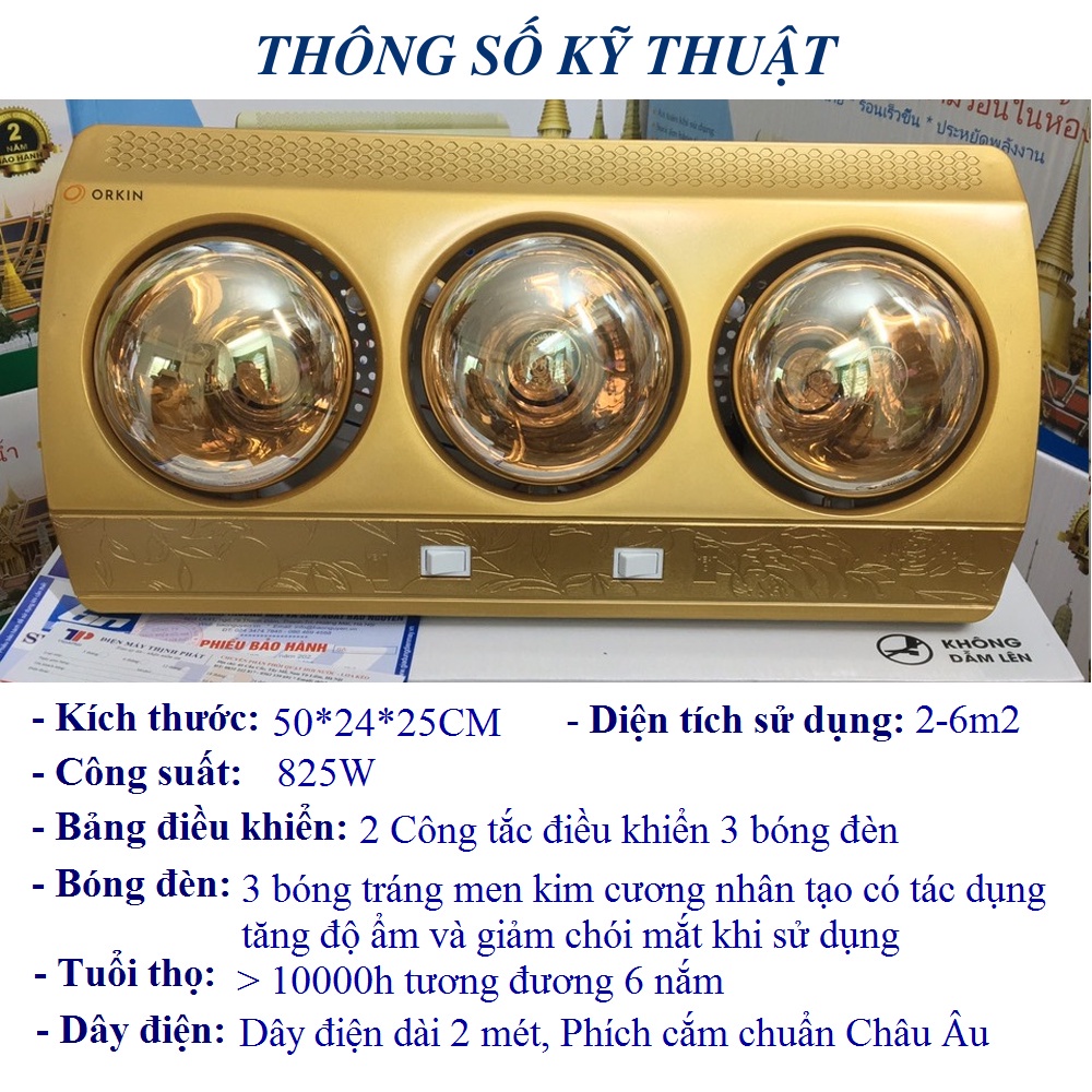 Đèn Sưởi Nhà Tắm 3 Bóng Orkin-Thái Lan Cao Cấp Chất lượng nhiệt tốt[BH 2 năm]