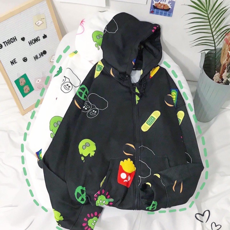 Áo Hoodie Zip Nỉ Bông Hoạ Tiết Ảnh Thật