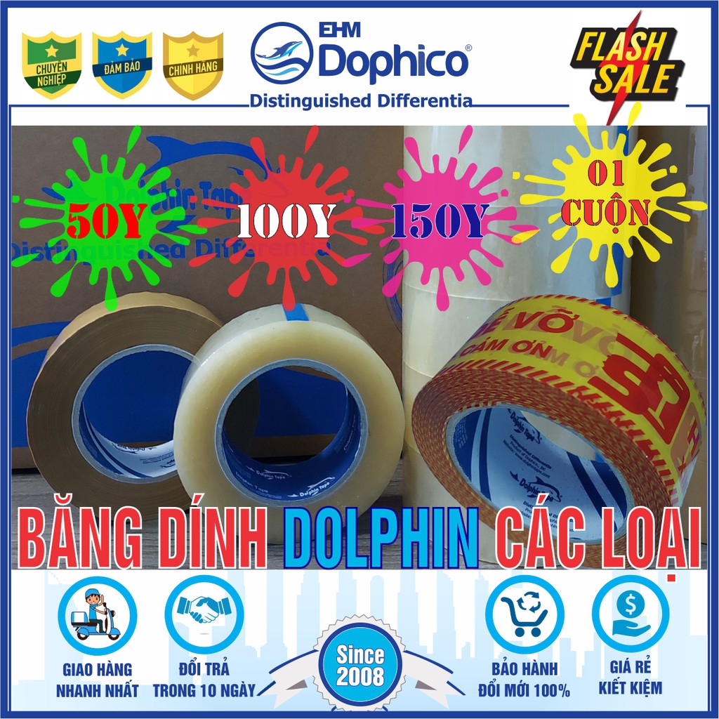 Băng dính Dolphin ( KT: 48mm x 150Y/100Y/50Y ) các loại dùng trong đóng gói hàng hoá – Các màu sắc và in chữ hàng dễ vỡ