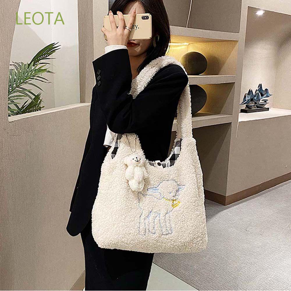 Túi xách tote bằng vải lông cừu thêu hình dễ thương sức chứa lớn cho nữ