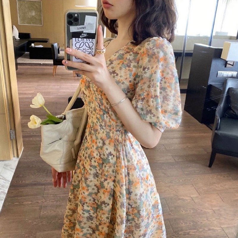 Đầm Chiffon Cổ Chữ v In Họa Tiết Hoa Phong Cách Mùa Hè Mẫu Mới 2021
