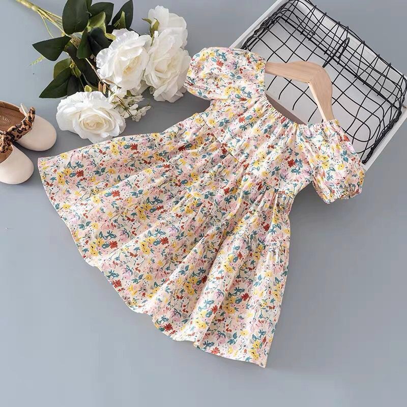 Váy xoè hoa nhí thắt nơ ở lưng nhiều màu cho bé gái