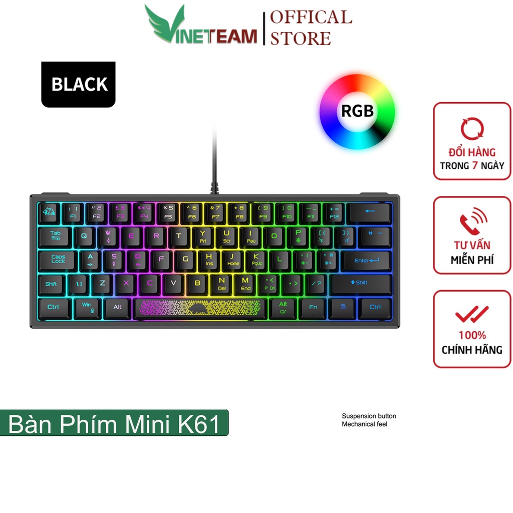 Bàn phím chơi game mini Vinetteam K61 Led RGB 10 Chế Độ 62 phím ,Bấm Êm,Thiết Kế Nhỏ Gọn,Dùng Cho Máy Tính, Laptop -4746