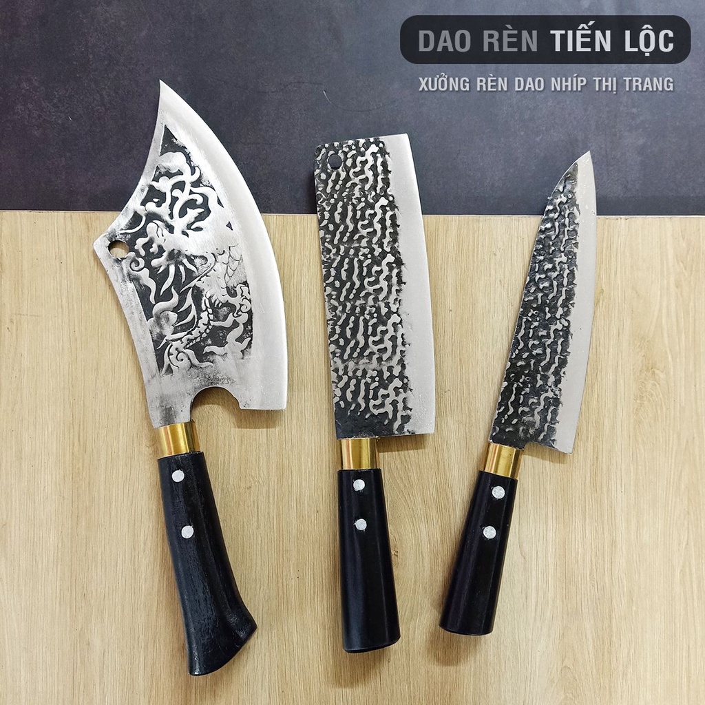 Bộ 3 Dao Nhà Bếp - Dao Chặt, Thái, Lọc Thép Nhíp Ô Tô Dập Vân 2 Mặt Cao Cấp